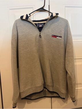J. America Men's Gray Zip-Up Sweater with Navy Trim